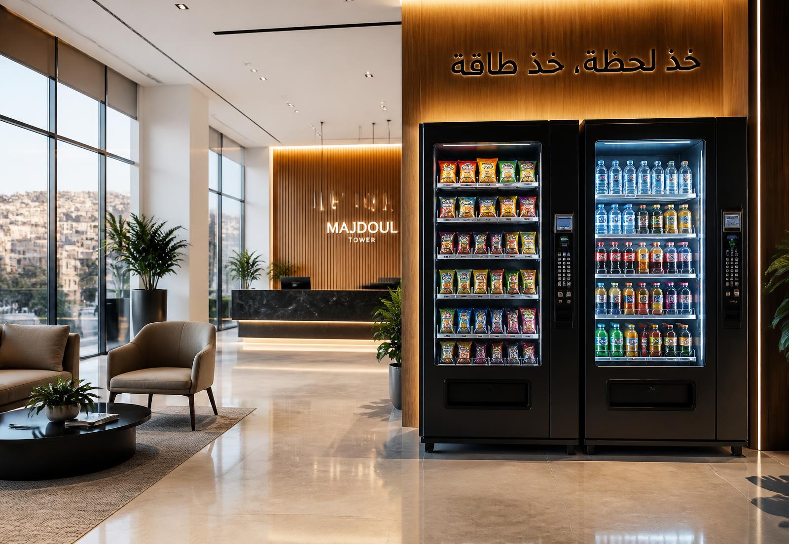 Snack and drink vending machines installed in a modern office lobby in Amman